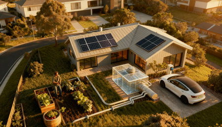 Wide view of eco-friendly smart home with solar panels, water tank, electric car, and backyard vegetable garden.の素材