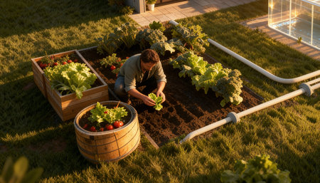 Man tending vegetables in backyard garden near modern eco house with solar panels and water system.の素材