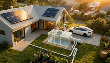 Aerial photo of modern eco home with solar panels, water tank, and electric car at golden hour. Renewable living concept.の素材