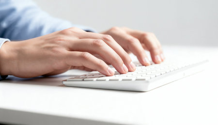 Close-up of human hands typing on a white wireless keyboard in a bright minimalist office environment. Concept of technology, productivity, communication, and modern digital work.の素材