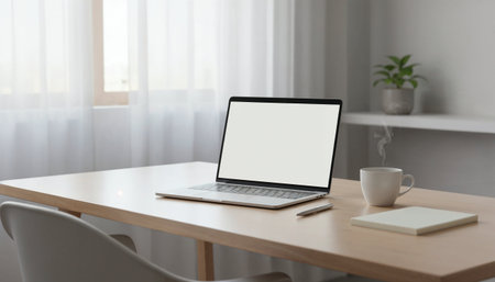 Open laptop on a wooden desk near a window with natural light, coffee mug, and notebook. Minimal workspace concept representing productivity, balance, and remote work lifestyle.の素材