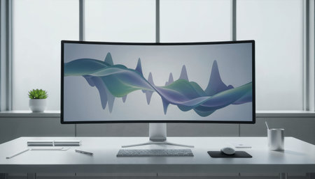 Minimalist workspace with a large curved monitor displaying abstract digital waves, surrounded by modern office accessories on a white desk.の素材