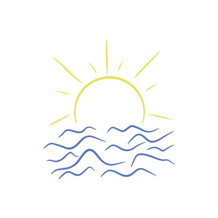 Sunset with sea waves on a white background. Vector illustration.のイラスト素材