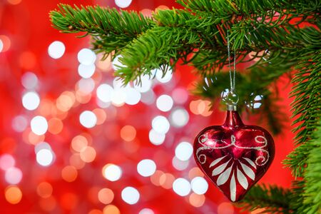 Red Christmas ornament in the form of heart hanging on a fir tree branch on shiny background with copy space for text.の写真素材