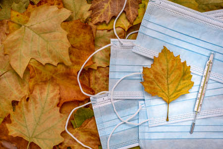 Blue face masks and glass thermometer for measuring the temperature of the human body on dry autumn...