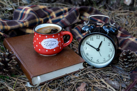 Vintage cup of hot coffee on old book next to alarm clock, scarf, pine cones and pine needles in natural park.の写真素材