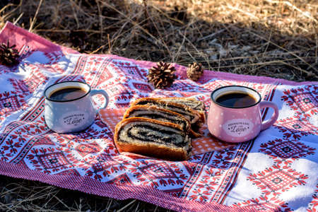 Delicious poppy seed strudel and two cups of coffee on a towel on a sunny day in nature.の写真素材