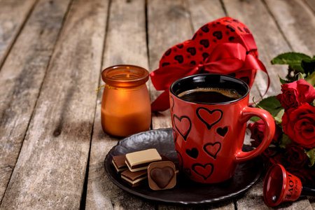Bouquet of red roses, gift box, bell, cup of coffee and chocolate candies on a wooden table. Romantic concept for Valentine's day.の写真素材