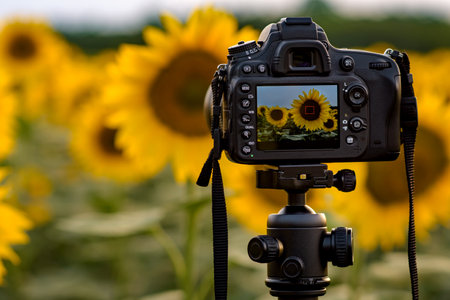 Process of taking photo of sunflowers field with blurred background and copy space for text.の写真素材