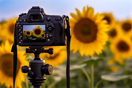Process of taking photo of sunflowers field with blurred background and copy space for text.の写真素材