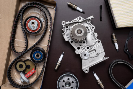 Repair kit for replacing the timing belt in a open cardboard box and cooling pump, sparking plugs...