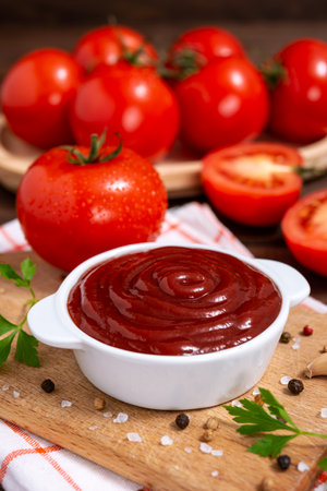 Cutting board witch bowl of ketchup or tomato sauce, spices and fresh tomatoes on wooden table. Selective focus.の写真素材
