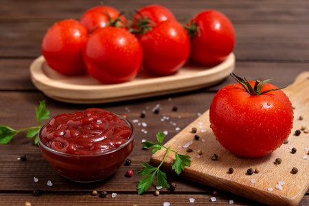 Glass bowl of ketchup or tomato sauce, spices and fresh tomatoes on wooden table. Selective focus.の写真素材