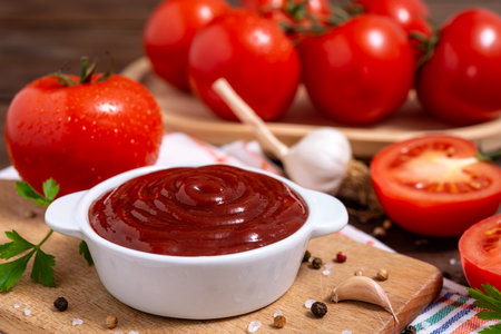 Cutting board witch bowl of ketchup or tomato sauce, spices and fresh tomatoes on wooden table. Selective focus.の写真素材