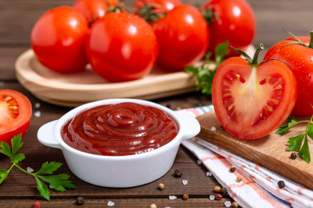 Ceramic bowl of ketchup or tomato sauce, spices and fresh tomatoes on wooden table. Selective focus.の写真素材