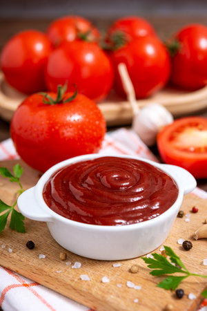 Cutting board witch bowl of ketchup or tomato sauce, spices and fresh tomatoes on wooden table. Selective focus.の写真素材