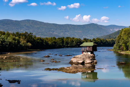 Famous small wooden house on a rock in the middle of river Drina in Bajina Basta, Serbia.の写真素材