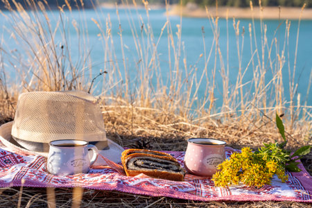 Delicious poppy seed strudel and two cups of coffee on a towel on a sunny day in nature next to lake.の写真素材
