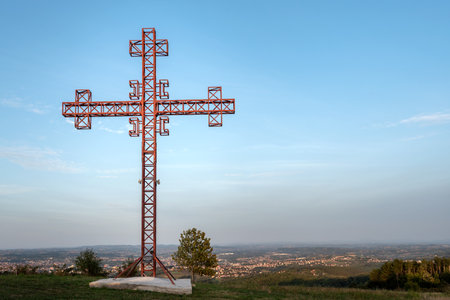 A metal cross installed on top hill in Strmna Gora near Valjevo in Serbia.の写真素材