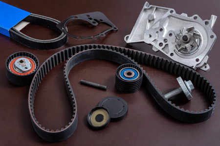 Spare parts for the car. The set of timing belt with rollers and cooling pump on a working table.の写真素材