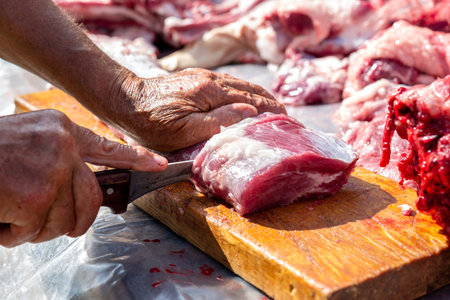 Old man's hands are cutting raw pork meat with a knife on a wooden cutting board outdoors.の写真素材