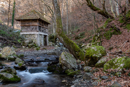 A view of an abandoned mystical mill that, according to legend, was the home of Sava Savanovic next to the Rogacica River in Zarozje, Serbia.の写真素材