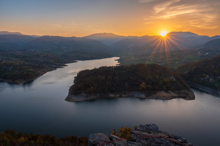View during sunset at viewpoint The Great Rock on a Rovni lake near the Valjevo in Serbia.の写真素材