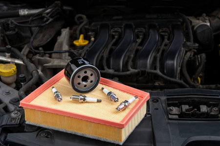 Spare parts for car. Oil filter, air filter and sparking plugs  under the hood of the car. Selective...