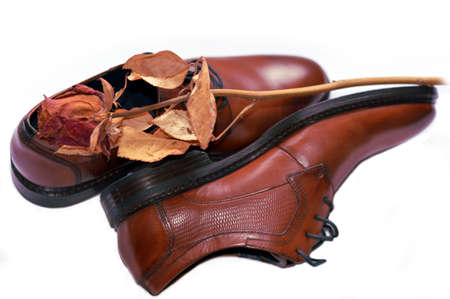 Mans shoes with dried rose flower on top over white backgroundの写真素材