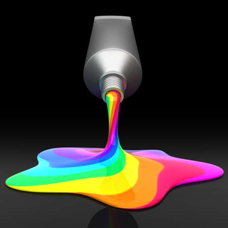 Mixed colors on dark background pouring from a tube