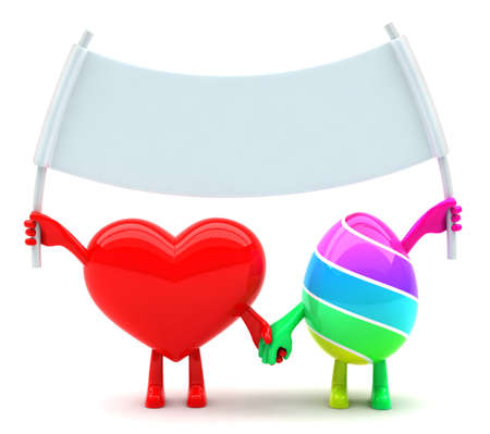 Hearth and Easter egg mascots holding hands and placardの写真素材