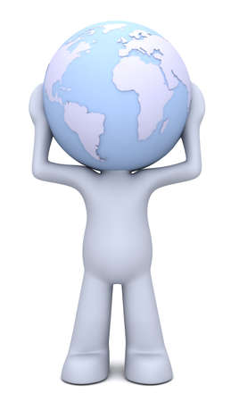 3D human character hollding planet Earth which is his headの写真素材