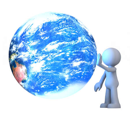 3D human character touching planet earth isolated on whiteの写真素材