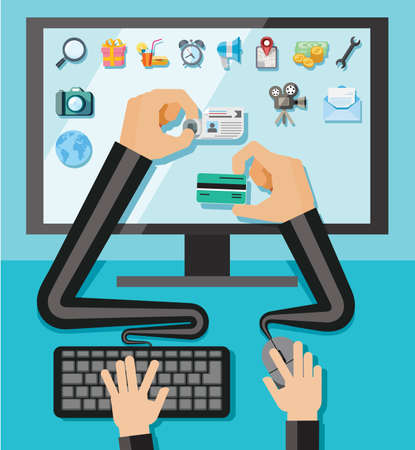 Hands with shopping and business elements isolated on colored computer monitor のイラスト素材