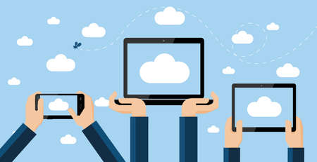 Cloud computing concept  Hands holding smartphone, computer laptop and tablet with cloud image on screen high against the sky のイラスト素材