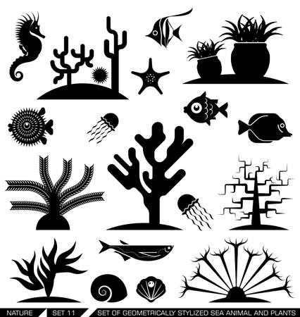 Set of geometrically stylized sea animal and plant icons. Vector illustration.Suitable for various purposes, can be incorporated in logo due to their geometrical style.のイラスト素材