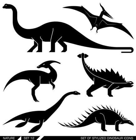 Different types of prehistoric dinosaur icons: brontosaurus, diplodocus, apatosaurus, velociraptor, parasaurolophus, polacanthus, pterodactyl. Vector illustration.のイラスト素材