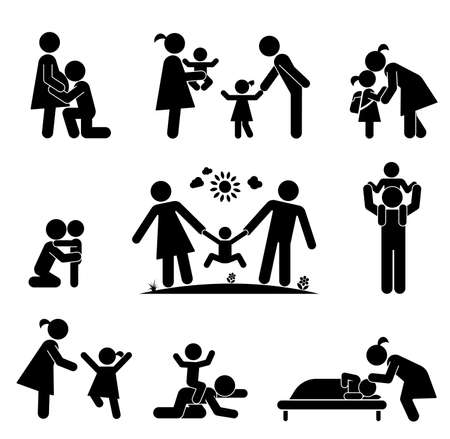 Children and their parents. Pictograms presenting parental love and care for children. Expecting baby, playing with children, hugging, preparing for school, putting children to bed.のイラスト素材