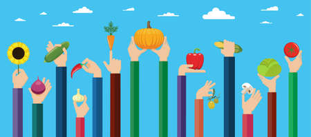 Vegetarian food icons. Flat design hand icons holding different types of vegetables high against the sky. Vector illustration.のイラスト素材