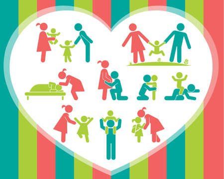 Children and their parents. Pictograms presenting parental love and care for children. Expecting baby, playing with kids, hugging, preparing for school, putting children to bed. Vector pictogram illustration.のイラスト素材