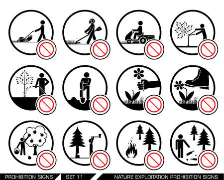 Set of nature exploitation and cultivation prohibition signs. Collection of prohibition signs. Signs prohibiting exploitation, pollution and work on green surfaces, gardens and parks. Set of nature prohibition signs.のイラスト素材