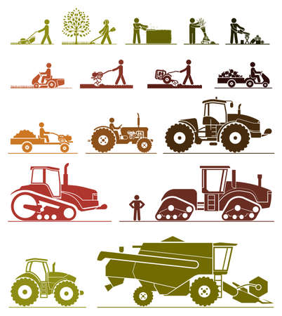 Set of different types of gardening and agricultural vehicles and machines. Mower, trimmer, saw, cultivator, tractors, harvesters, combines and excavators. Icon set of working machines.のイラスト素材