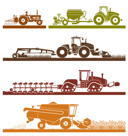 Set of different types of agricultural vehicles and machines harvesters, combines and excavators. Icon set of working machines. Agricultural machines with accessories for plowing, mowing, planting, spraying and harvesting.のイラスト素材