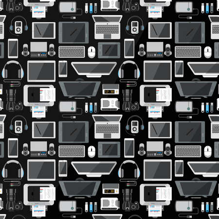 Computer, laptop, monitor, tablet, camera, headphones, mouse, usb isolated on black backround. Network and mobile devices. Network connections. Office equipment.のイラスト素材
