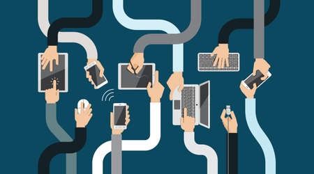 Flat design vector illustration of hands holding and using computer and communication devices.