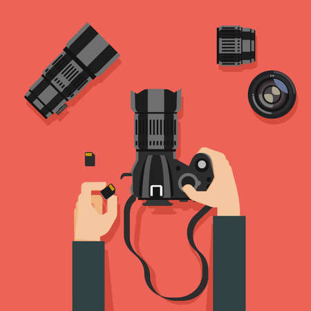 Flat design vector illustration of hands with camera and photography equipment