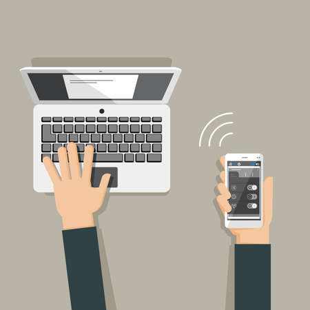 Flat design illustration of hands using laptop and holding smartphoneのイラスト素材