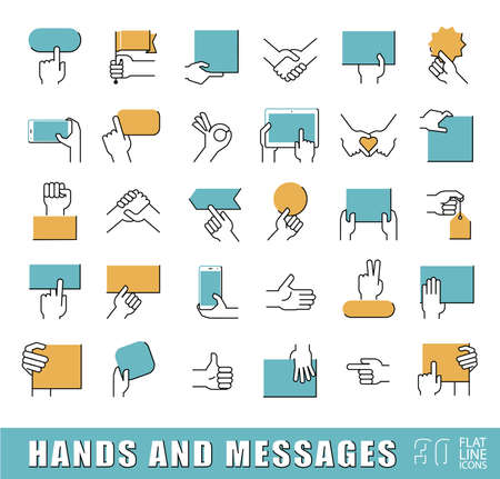 Hands holding messages. Hand gestures. Collection of hands holding blank paper brochure, tablet, mobile phone and various signs. Premium quality outline symbol collection. Flat line icons set.のイラスト素材