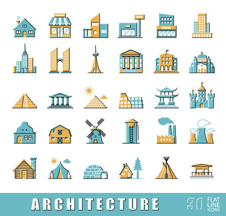Various styles and building purposes. Buildings for living and work, monumental buildings. Vector illustration. Collection of flat line building and landmark icons.のイラスト素材