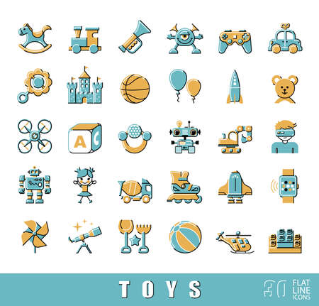 Set of premium quality flat line toy icons. Play and games icons. Collection of toys for children. Childhood fun illustration.のイラスト素材